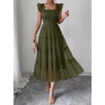 thumbnail image 3 of Army Green Womens Square Neck Ruffle Sleeve Tiered Tulle Midi Dress For Party Wedding Guest, 3 of 6