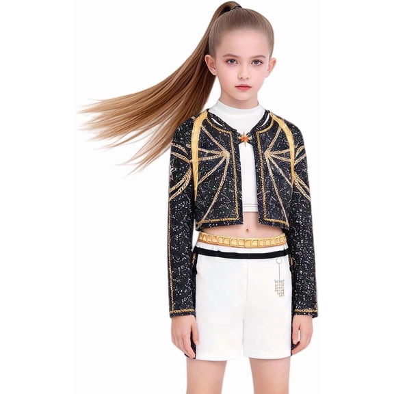 Guvpev G'irl's Pop Singer Stage Costume, 3-Piece Starry Black and Gold Performance Jacket with White Mock Neck Tank Top & Chain Print Shorts, Halloween Cosplay Dress Up Outfits, 2-12Y