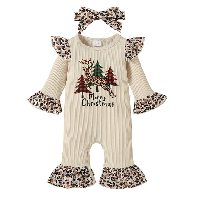 Gupgi Baby Leopard Print Clothes Set, Christmas Jumpsuit+Bow-knot Headband