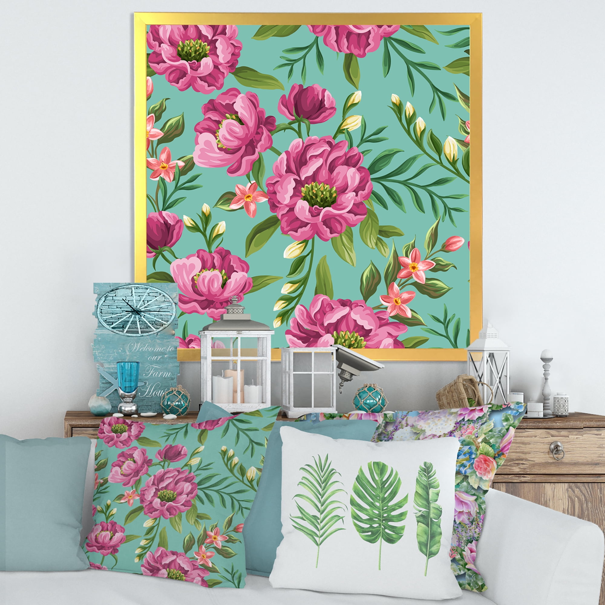 Designart 'Fuchia Pink Flowers On Green VIntage' Traditional Framed Art Print