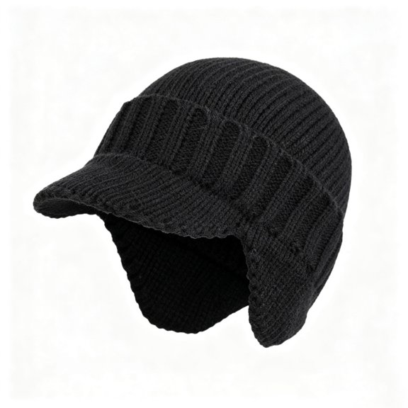 Winter Beanie with Brim and Ear Flaps – Warm Knit Hat for Men Women, 2.4" Bill, Lightweight, Stretchy Fit 22-23.6", Quick-Dry