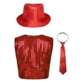 thumbnail image 2 of Alvivi Boys Sequins Waistcoat Hip-Hop Street Dance Stage Performance Vest Jacket with Hat Necktie Red 10-12, 2 of 5