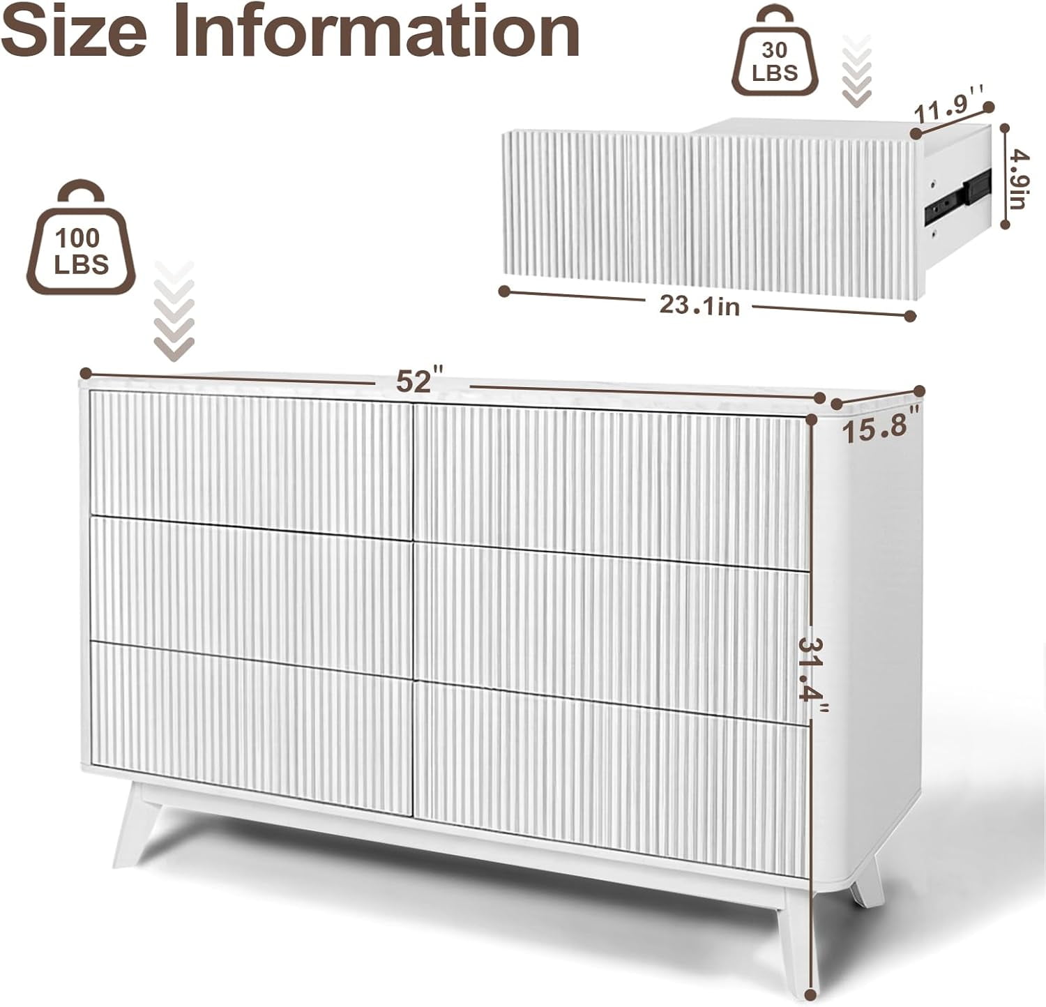 Fluted 6 Drawers Dresser for Bedroom,52" Wide Handleless Chest of Drawers with Faux Marble Top, Wooden Dresser TV Stand, Wood Drawer Organizer for Living Room, Hallway, White