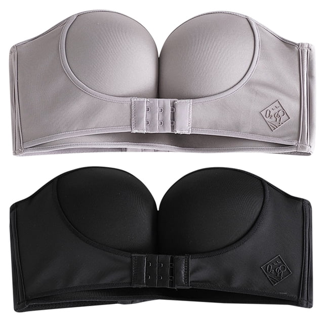 Gibobby Brasier Mujer sin Varilla Mujer 2PCS Color sólido Sin tirantes Antideslizante Ajuste Sin Vestido Sujetador(Negro, gris,90F)