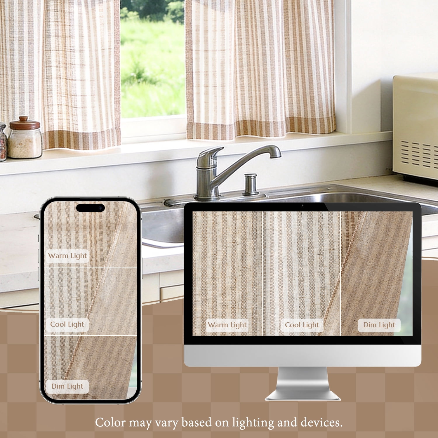 TOPICK Striped Kitchen Curtains and Valance Set 36 Inch Small Linen Curtains for Cafe Living Room Bathroom Farmhouse 3 Pieces Set Rod Pocket Taupe