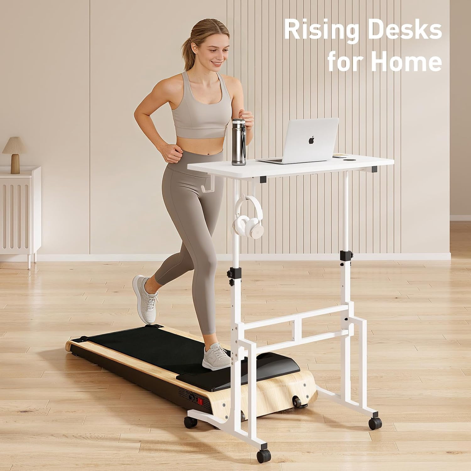 Standing Desk with Wheels, Adjustable Treadmill Desk, Rolling Bike Trainer Desk for Walking Pad Laptop, Phone Standing, White