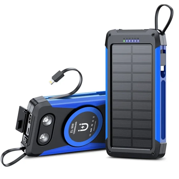 Solar Charger Power Bank 10000mAh, Portable Charger, Wireless Charging, Solar Panel Charger, Built-in 2 Cable, with USB C for Cell Phones, with Dual Flashlight for Camping