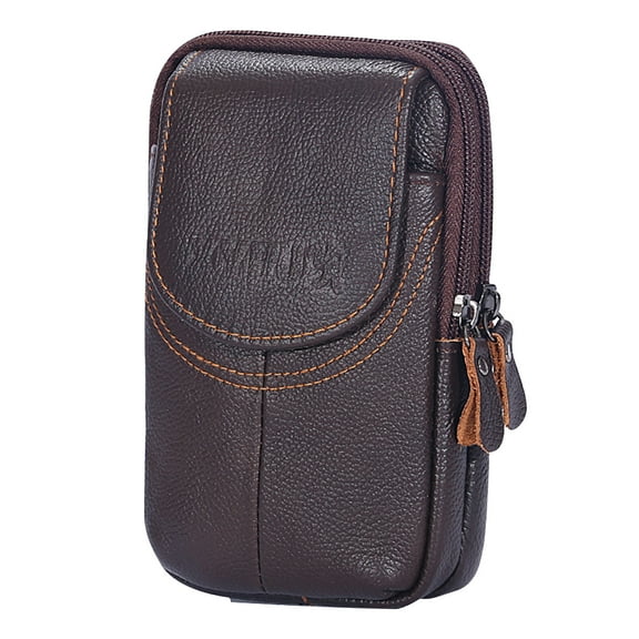 Yucurem Men Cowhide Leather Phone Belt Bags Solid Color Zipper Fanny Pack for Travel Working Outdoor Activities (Coffee)