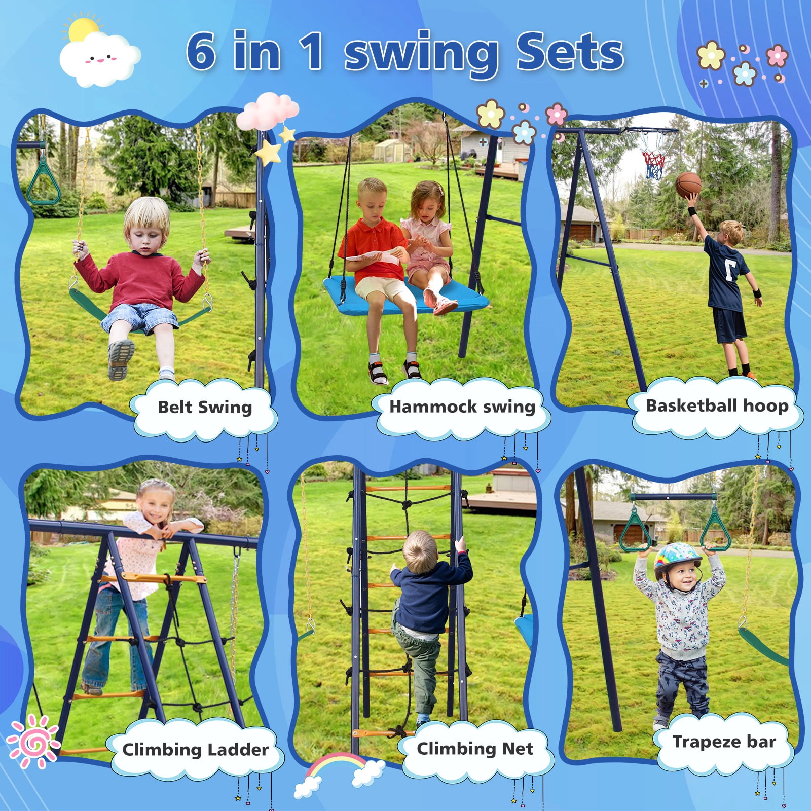 Hommoo 6 in 1 Swing Set With Climbing Ladder, Climbing Net, Trapeze bar, Hammock Swing, Belt Swing, Basketball hoop for Backyard, Multicolor