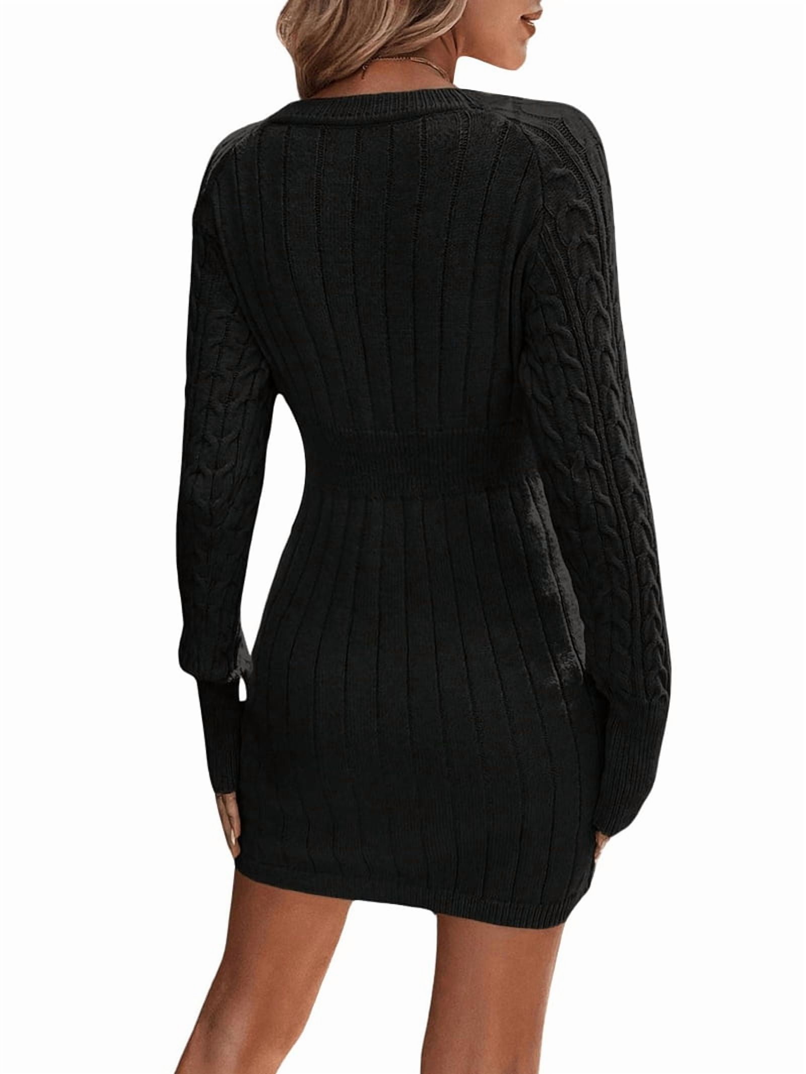 Women'S Cable Knit Sweater Dress Long Sleeve Knit Fall Winter Dresses Crewneck Mini Pencil Dresses Black L
