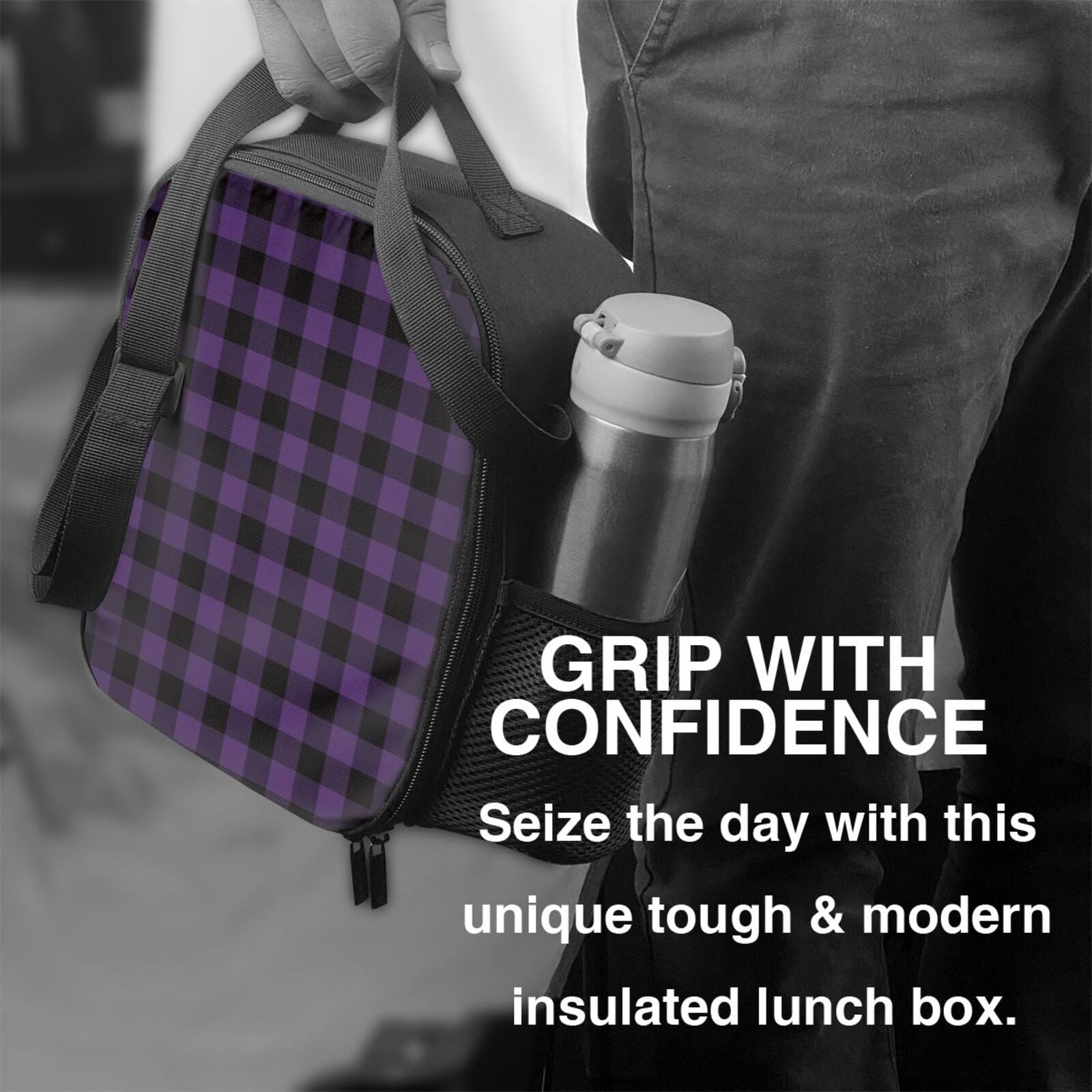 Ratiio Purple Black Plaid Print Lunch Box - Reusable Lunch Bag Men Adult Women- Insulated LunchBox