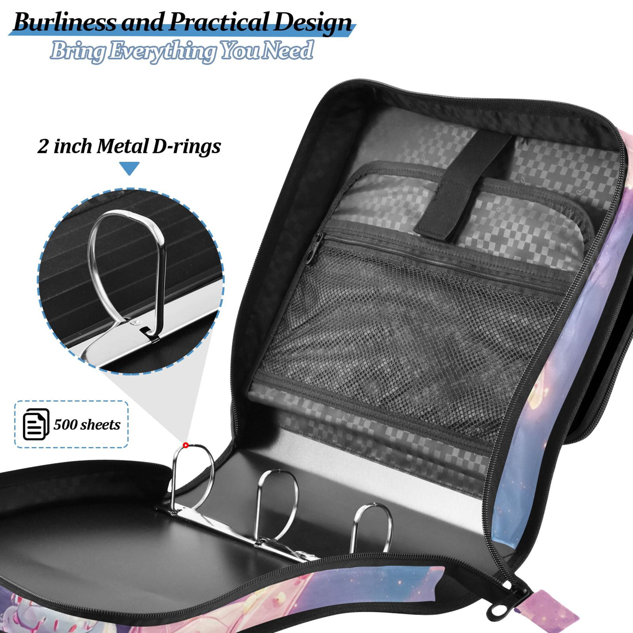 3 Ring Zipper Binder with Shoulder Strap Waterproof Trapper Keeper 2 Inch D-Ring 500 Sheets Capacity Dessert Planet Spaceship