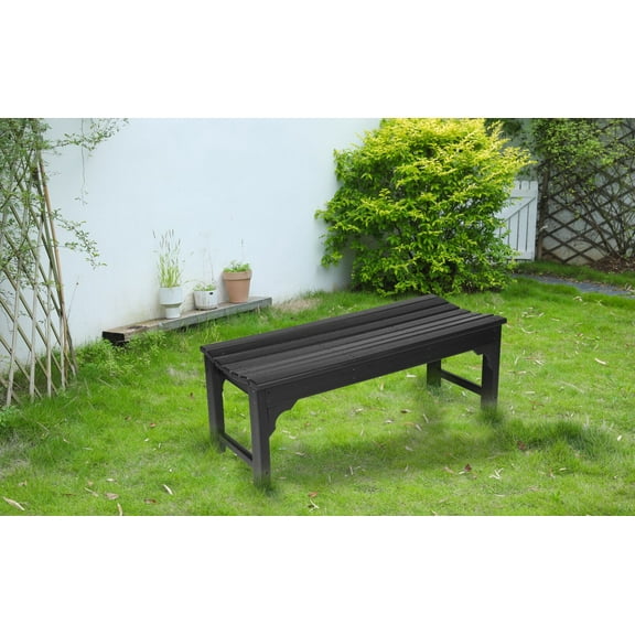 HDPE Adirondack Bench with Woodgrain Texture, Weatherproof Poly Lumber Seat for Outdoor Spaces, UV Resistant Design, 500LB Capacity, Black