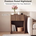 thumbnail image 4 of Fluted Nightstand with Charging Station and LED Light, Mid Century Modern Bedside Table with Drawer and Open Storage Shelf, Rounded Corners End Table for Bedroom Living Room, Walnut Brown, 4 of 9