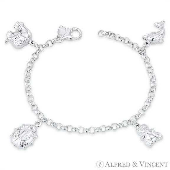 Elephant, Ladybug, Teddy Bear, Dolphin, & 4mm Rolo Chain Italian Charm Bracelet in .925 Sterling Silver