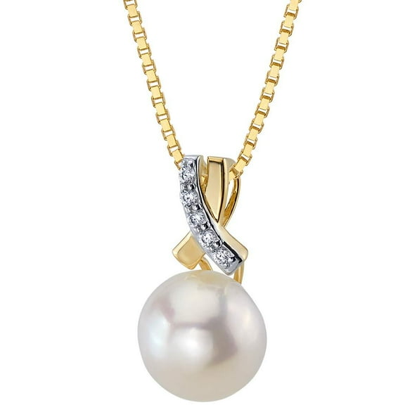 PEORA Freshwater Cultured White Pearl Pendant in 14K Yellow Gold, Round Button Shape, 9mm Open Infinity Solitaire