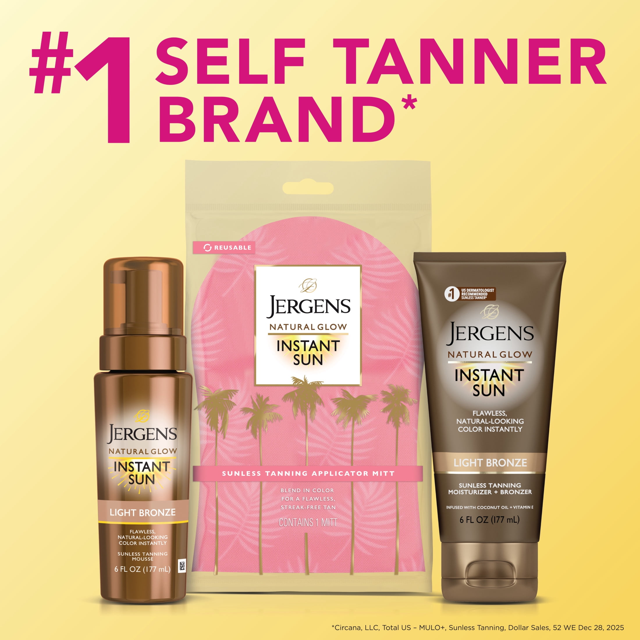 (5 pack) Jergens Natural Glow Instant Sun Sunless Tanning Moisturizer Lotion + Bronzer, Light Bronze, 6 fl oz