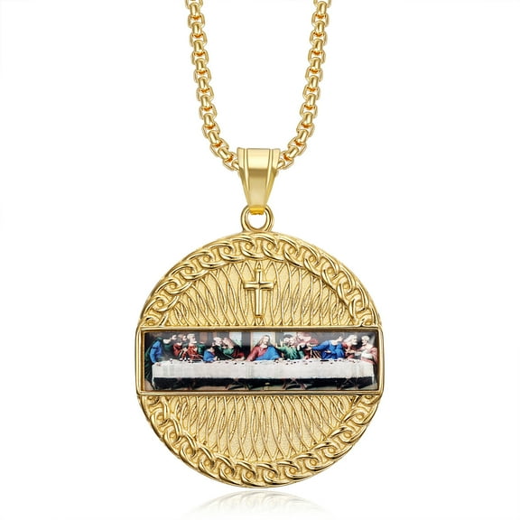 NEGS 18K Gold Plated Lord's Supper Pendant 24'' Chain The Last Supper Jesus with His Disciples Christian Prayer Stainless Steel Necklace for Men Women