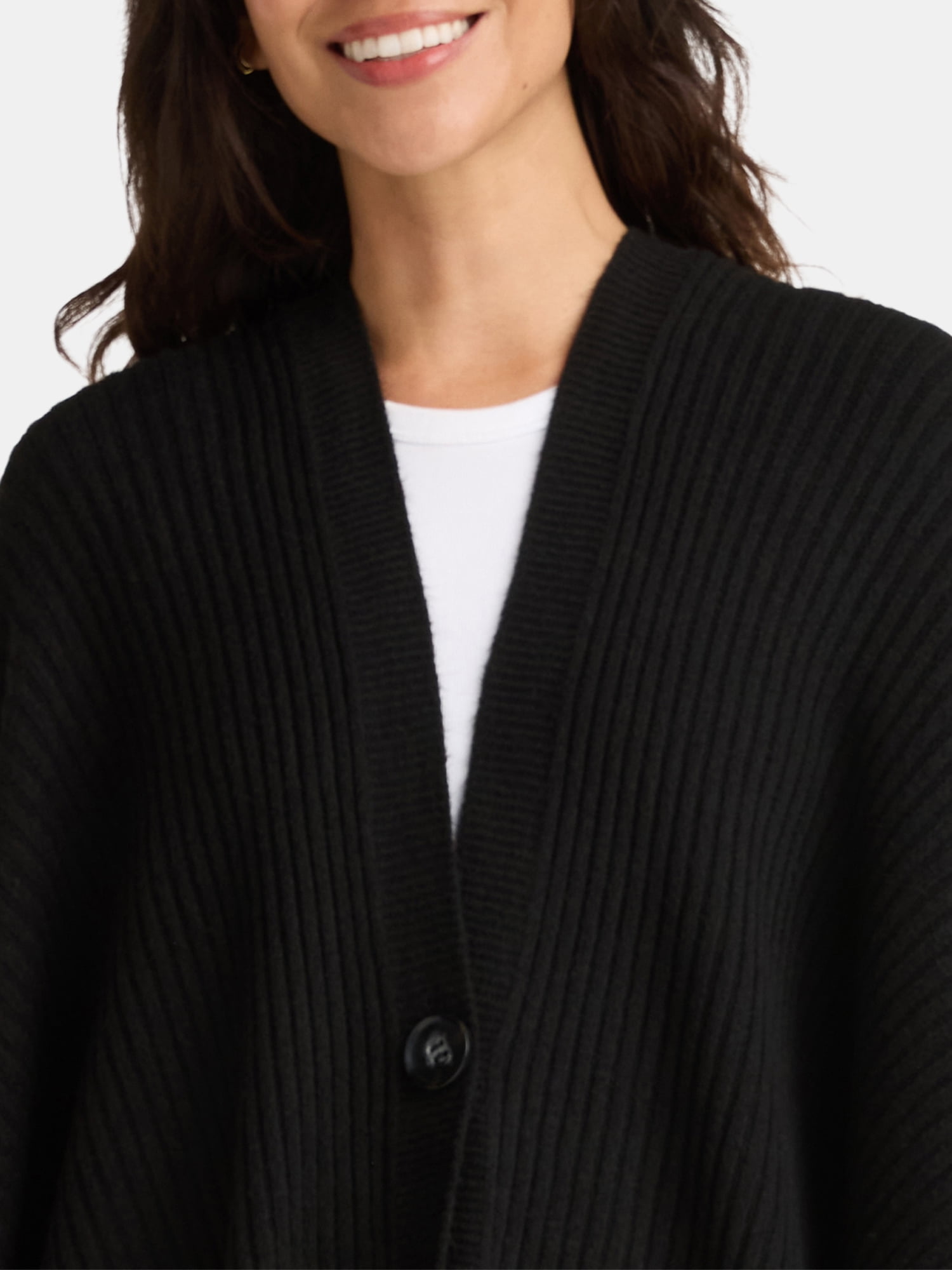 Time and Tru Women's Rib Knit Fashion Coverup with Button, One Size, Black