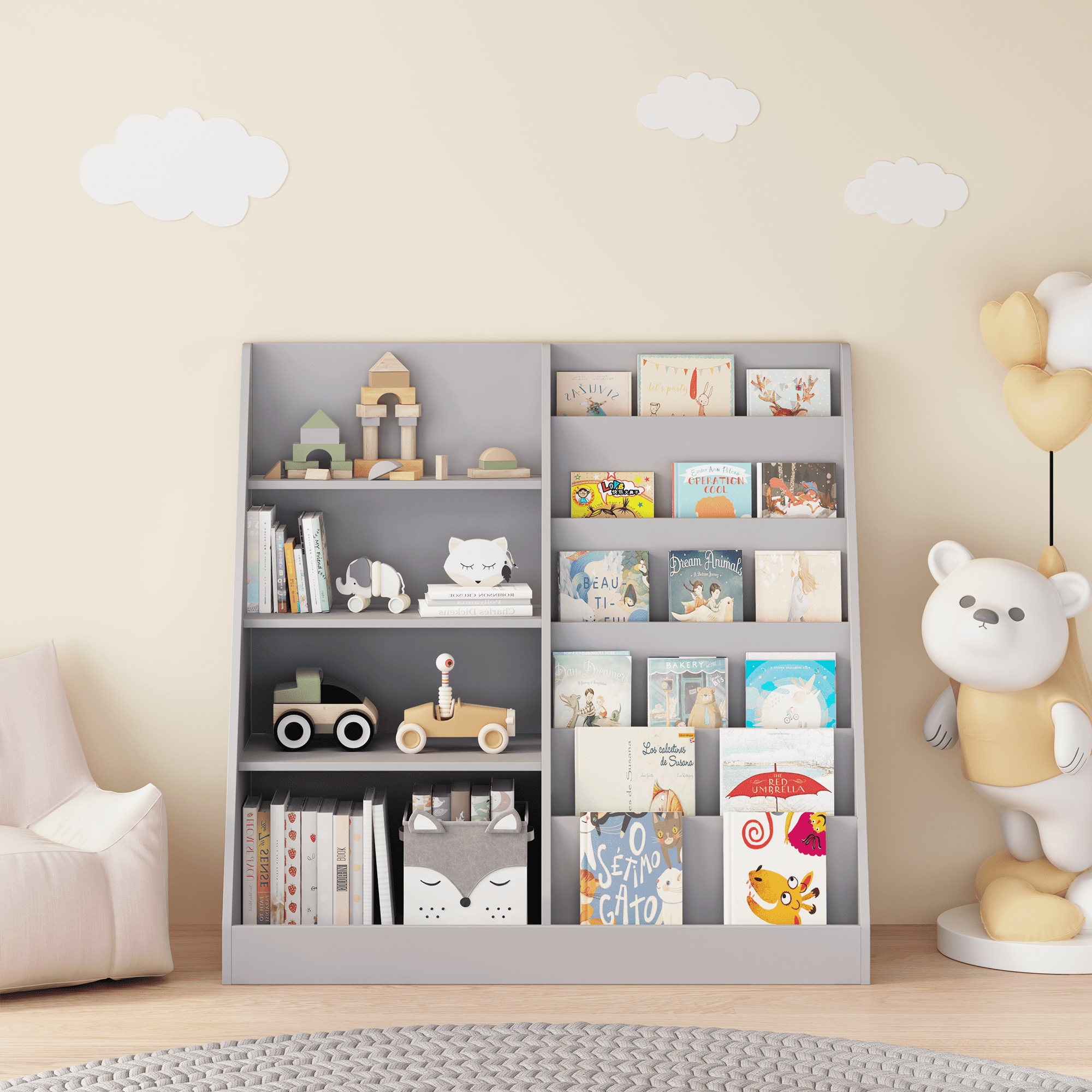 Kids Furniture Kids Bookshelf and Toy Storage Organizer, Multifunctional 4 Tier Wooden Kids Book Shelf with Bookcase Display Stand in Kids Room Playroom Nursery for Kids, Children, Toddlers (Gray),Ba