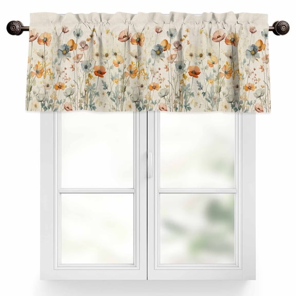 Vintage Flowers Valances for Windows, 42 x 18in, Watercolor Floral Leaves Linen Rod Pocket Kitchen Valance Curtain Light Filtering Window Treatments for Living Room Bedroom, 1 Panel