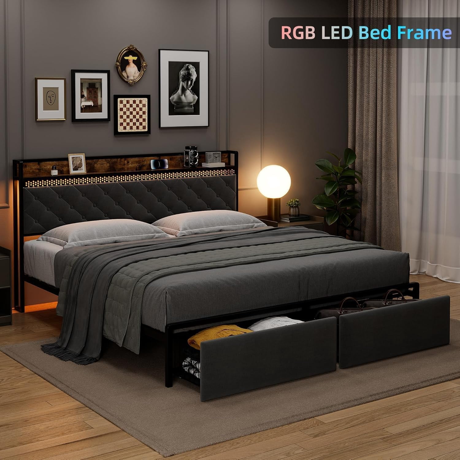 TROPOW King Size Bed Frame,Upholstered Platform Bed Frame with Storage Headboard and Charging Station, Metal Bed Frame with LED Lights and 2 Drawers, Noise Free, No Box Needed, Gray