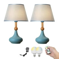 Kiven Cordless Table Lamp, Dimmable Ceramic Bedside Lamps for Nightstand with Blue Fabric Lampshade, Modern Rechargeable Desk Lamp for Reading Home Decor Bedside,Set of 2