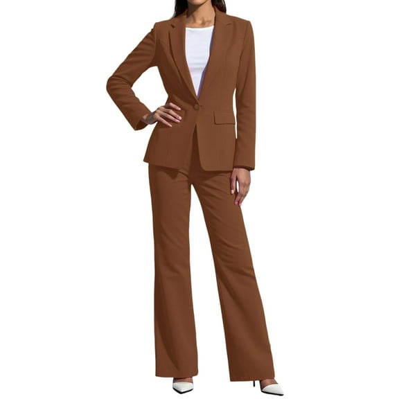 UJNDER Women's Trousers Suit Two Piece Set Long Sleeve and Straight Pants Work Daily Wear Casual Outfit Button Front Comfortable Spring Fall Winter Pant Suits for Women Coffee XL