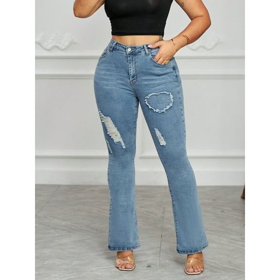 Women's Elastic Flared Jeans Heart-Shaped Distressed Vintage Washed Elegant Denim Pants With Buttons And Zipper Side Pockets, Suitable For Daily Wear And Women's Romantic Street Fashion Urban