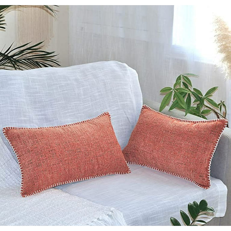 Soft Textured Lumbar Pillow Covers 12 x 20 Inches Coral Orange Set of 2 |Decorative Stitched Edge Chenille Cushion Covers | Modern Accent Small Pillow