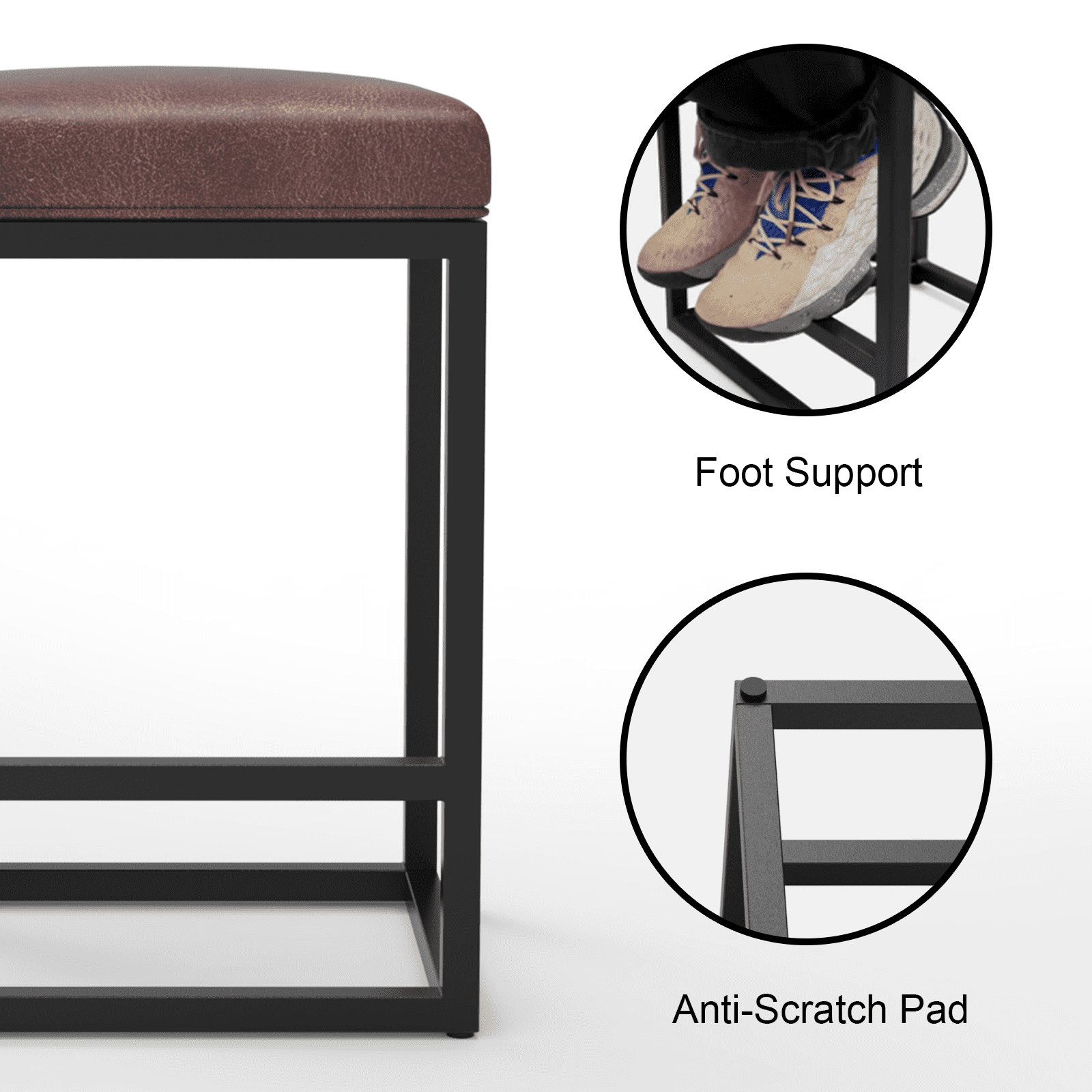 Nathaniel Home 24 Inch Bar Stools Set of 2, Modern PU Leather Metal Barstool, Backless Kitchen Dining Cafe Stool, Upholstered Bar Stool with Footrest, Light Brown
