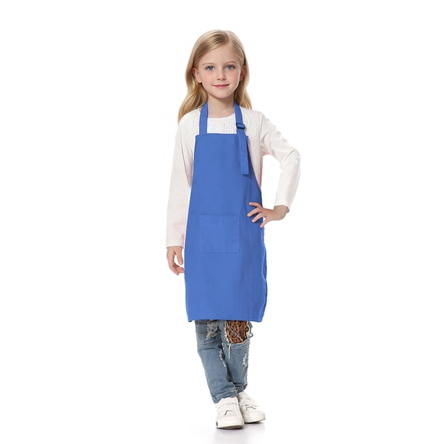 TOPTIE Kids Aprons with Pocket & Adjustable Strap, Child Chef Bib Apron for Kitchen Cooking Baking Painting-Blue-L