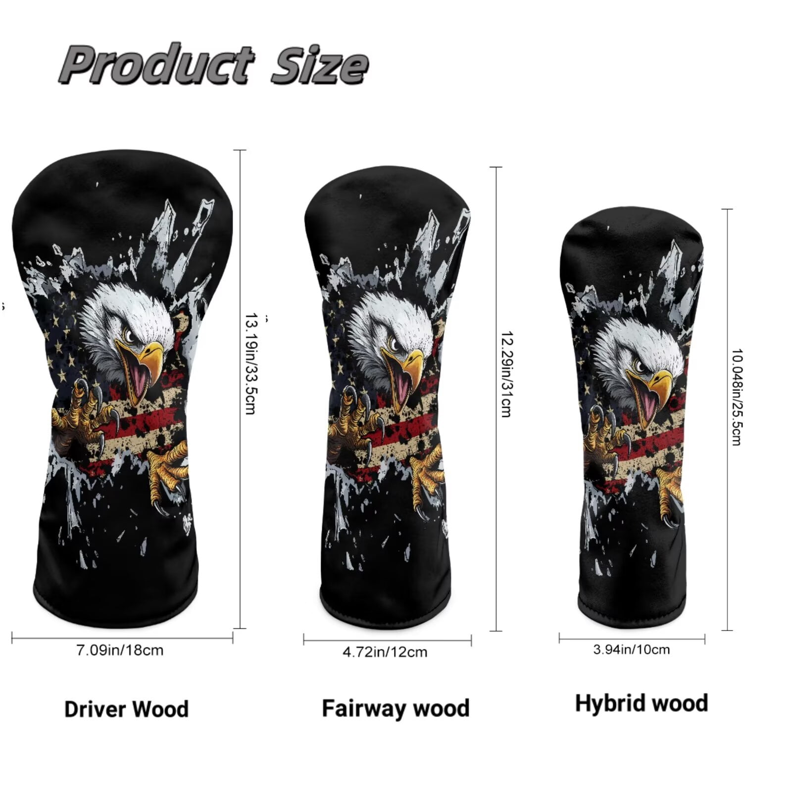 Uorisanigo 3pcs Golf Club Head Covers American Flag Bald Eagle Headcovers Set Includes Golf Driver Headcover, Fairway Wood Cover, Hybrid Cover, Golfing Accessories for Men Women