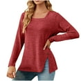 thumbnail image 3 of HVOBTTY Womens Long Sleeve Pullover T Shirt, Fall Tops for Women, Women's Casual Fashion Solid Color Loose Square Neck Button Split Hem Daily Wear Top Red, XL, 3 of 5