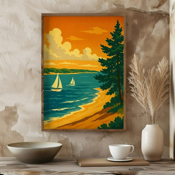 Retro Lake Michigan Sunset Wall Art Poster Vintage Style Beach & Sailboats Poster Decor Midcentury Travel Poster Poster, Unframed Poster Size 8x12