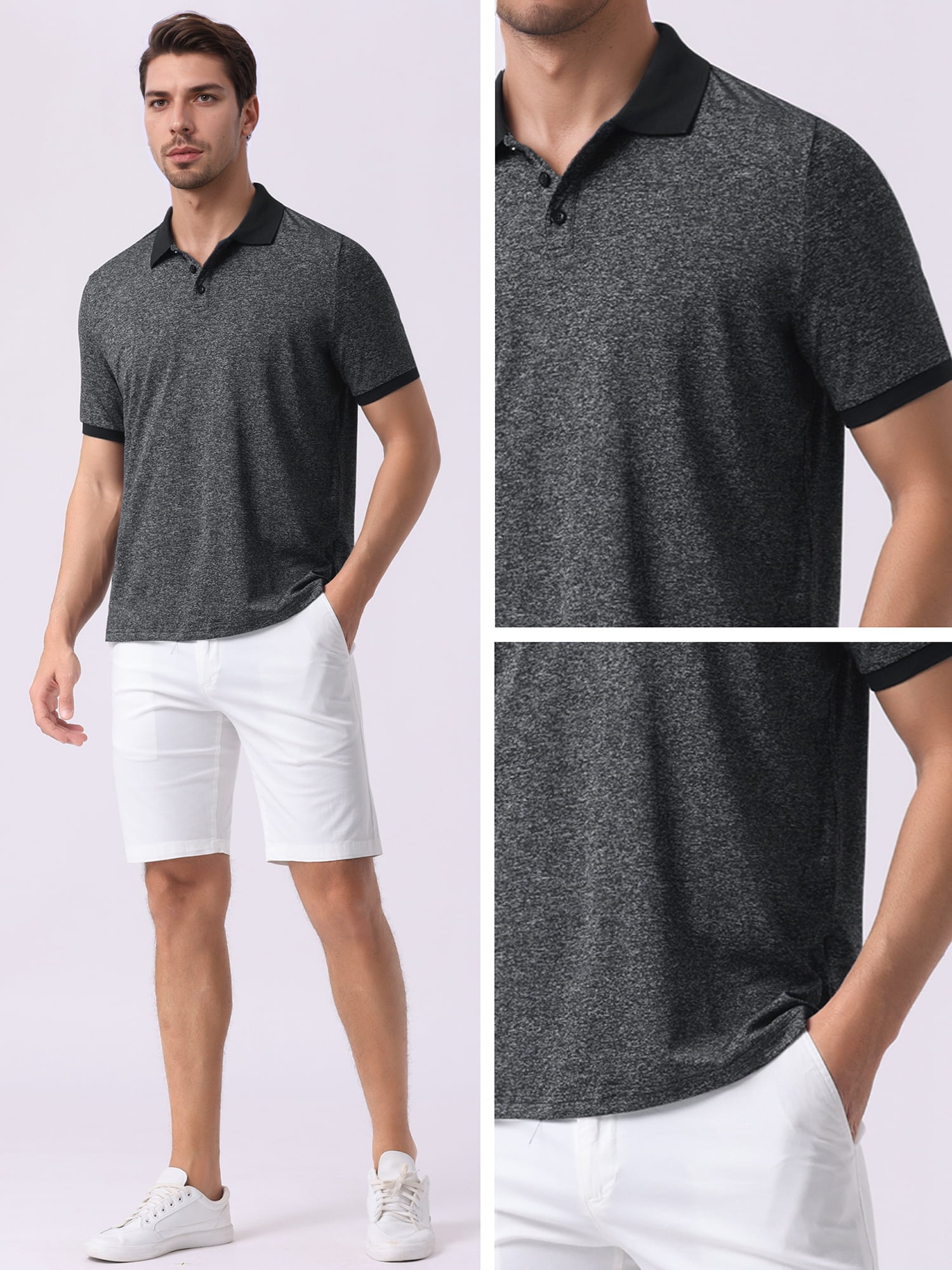 DARING DIVA Men's Casual Stretch Athletic Short Sleeve Heathered Golf Polo Shirt S Black