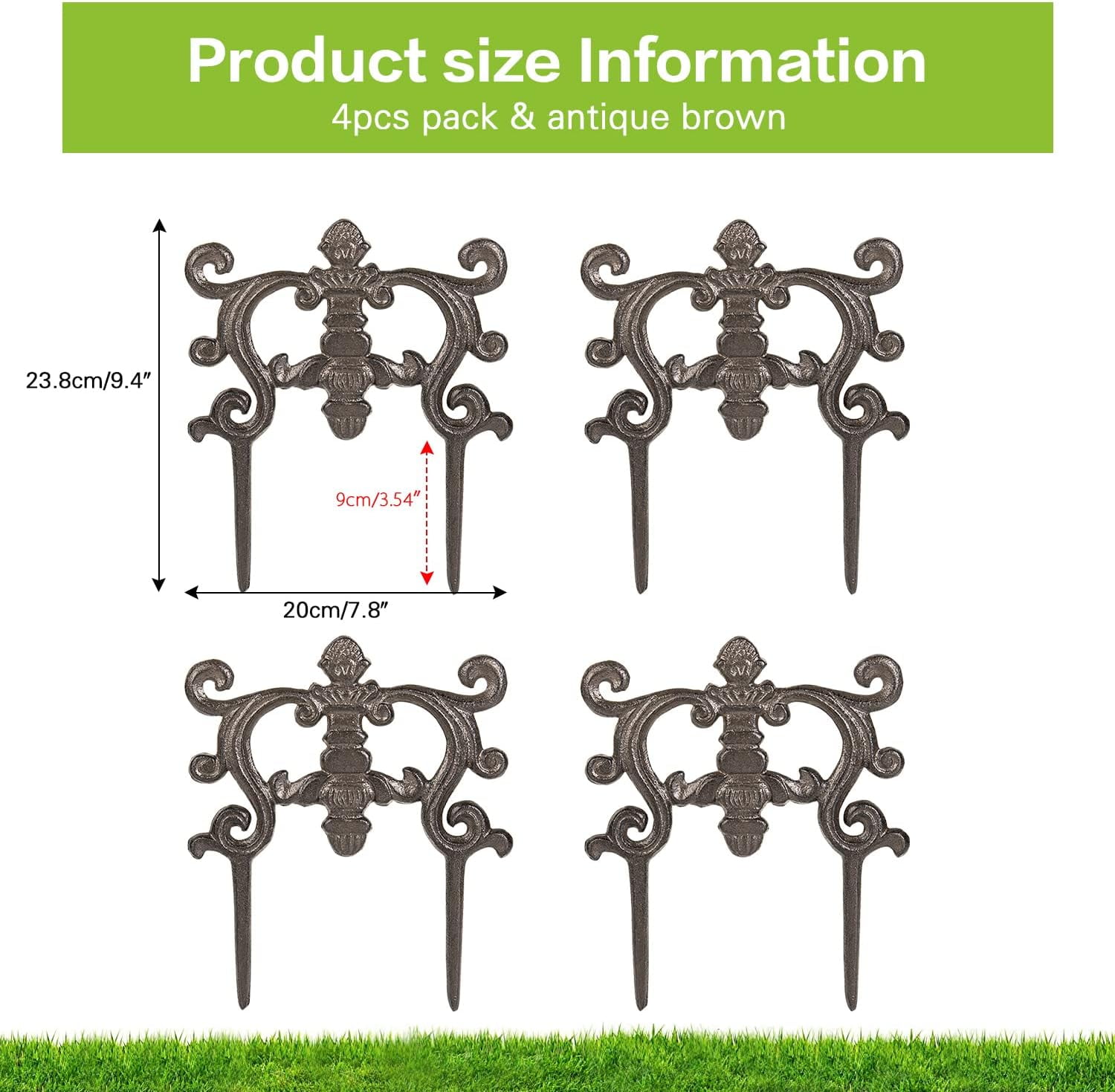 Sungmor 9.4 x 7.8 Inch Cast Iron Garden Border Edging, Drak Brown, 4 Count
