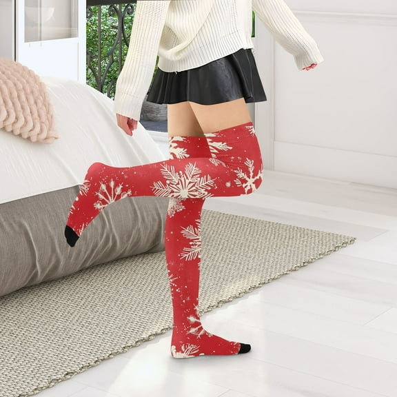 Christmas Snowflakes Red Womens Thigh High Stocks Over Knee High Socks Thigh Tigh Boot Stockings