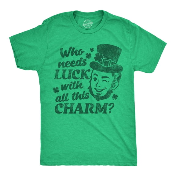 Mens Funny T Shirts Winking Leprechaun Who Needs Luck With All This Charm Tee for Men Graphic Tees