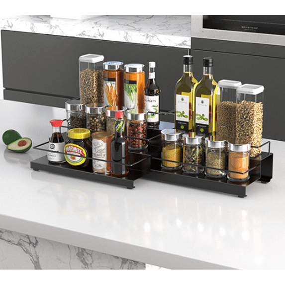 3-Tier Pull-Out Spice Rack Shelf Step Expandable Organizer, Kitchen Organizer with Protection Railing for Jars Bottle, Black