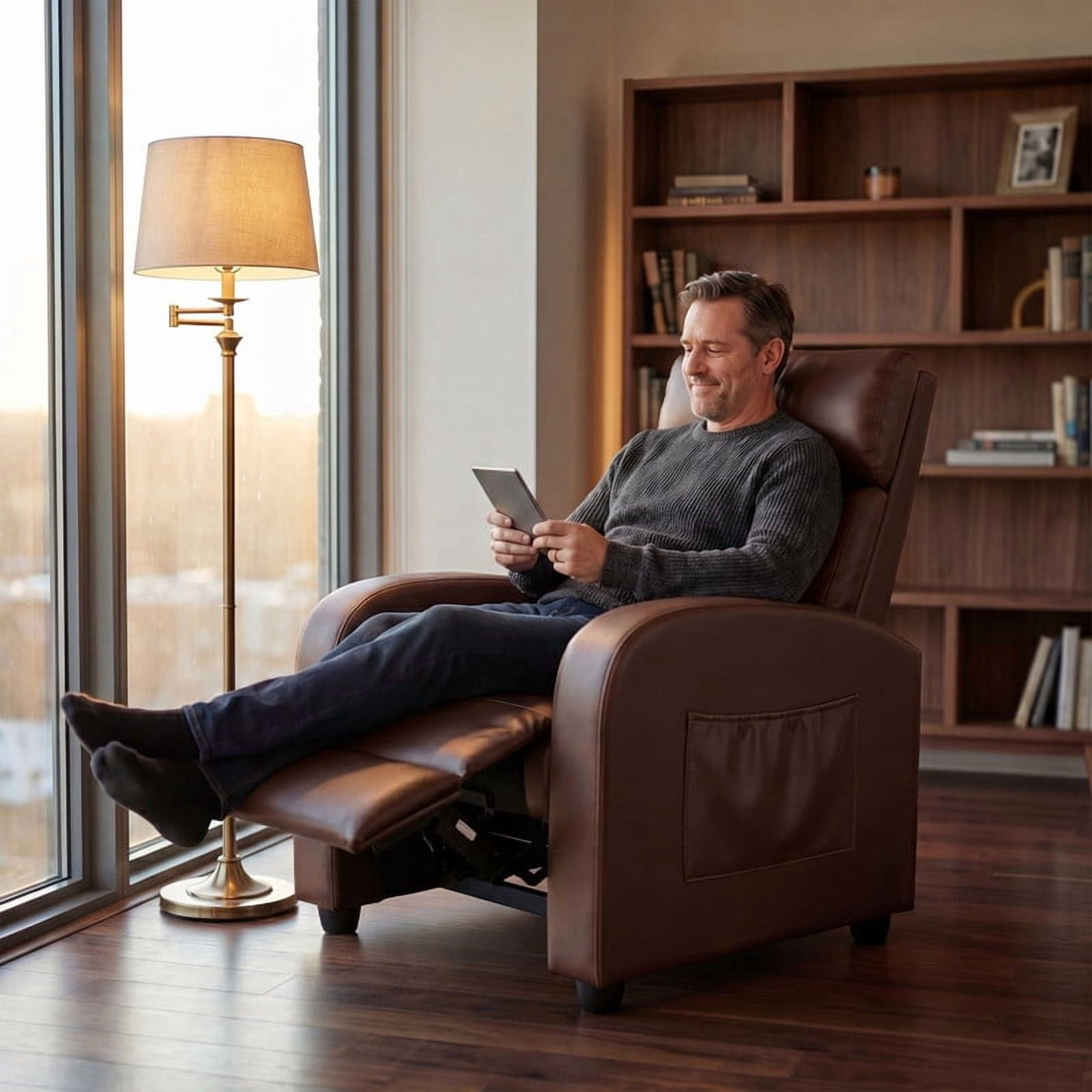 Vineego Massage Recliner Chair Small Places Single Sofa Adjustable Home Theater Seating with Side Pockets for Living Room,PU Brown