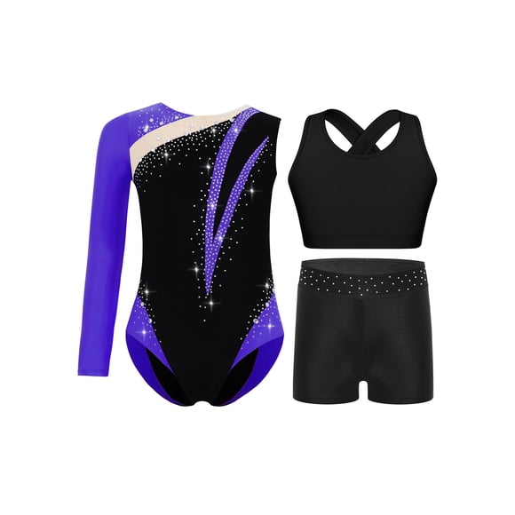 RUNQHUI Ensemble de Justaucorps de Gymnastique à Manches Longues et Short pour Filles, Violet 6