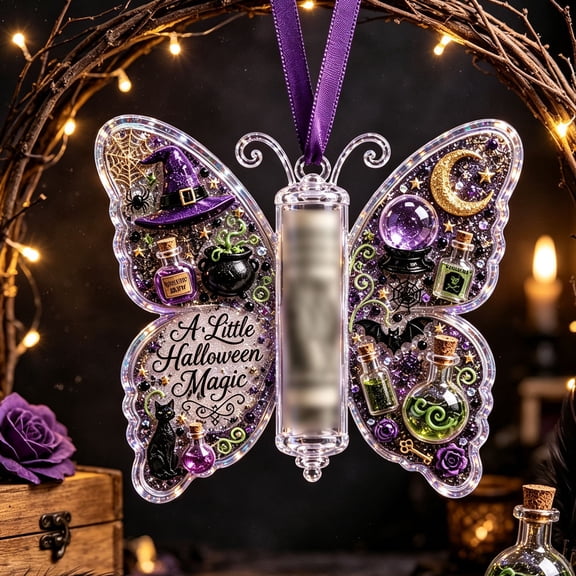 Halloween Cash Gift Ornament, Clear Acrylic Butterfly Design C Rolled Cash Tube Holder, with Festive Keepsake Design for Halloween Tree Mantel and Spooky Party Gifts