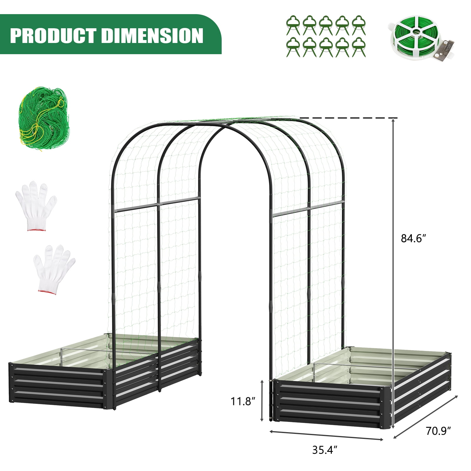 Slsy 3 in 1 Galvanized Raised Garden Bed with 85in Tall Arch Trellis for Climbing Vegetables Flowers Herbs, Metal Raised Garden Bed Kit with Trellis, Plant Ties, Climbing Supporting Netting
