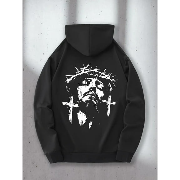 Men's Black Jesus Christ Graphic Hoodie Sweatshirt with Crown of Thorns & Cross Back Print, Kangaroo Pocket, Casual Christian Apparel, Comfortable Casual