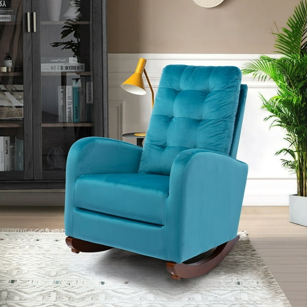 Black Friday Deals Upholstered Rocking Chair Modern High Back Armchair Comfortable Rocker With Fabric Padded Seat And Wood Base Accent For Nursery Living Room Bedroom Office Blue Com Upholstered Rocking Chair Modern High, Modern High Back Armchair