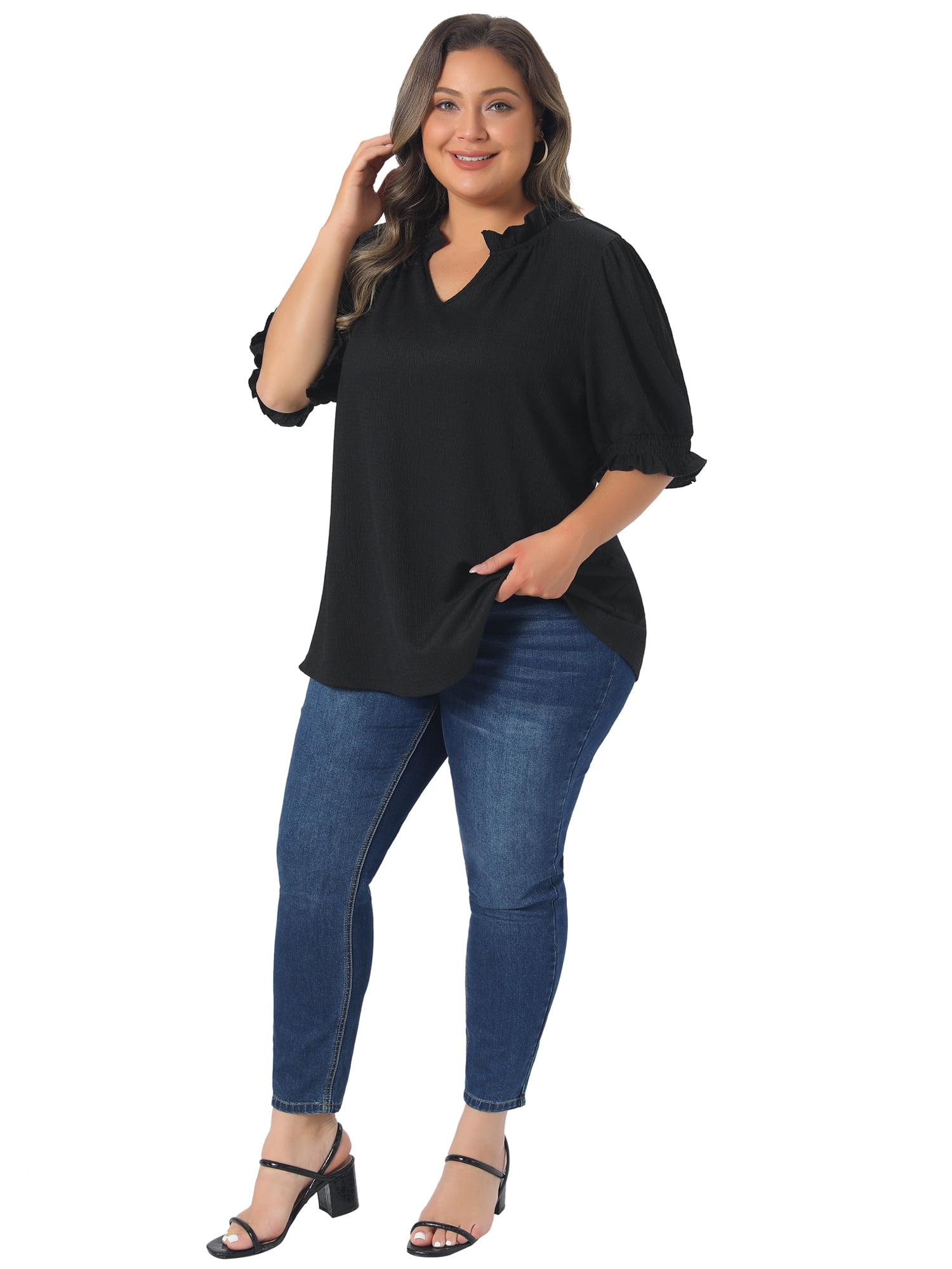 DARING DIVA Women's Plus Ruffled Trim V Neck Puff Sleeve Top 1X Black