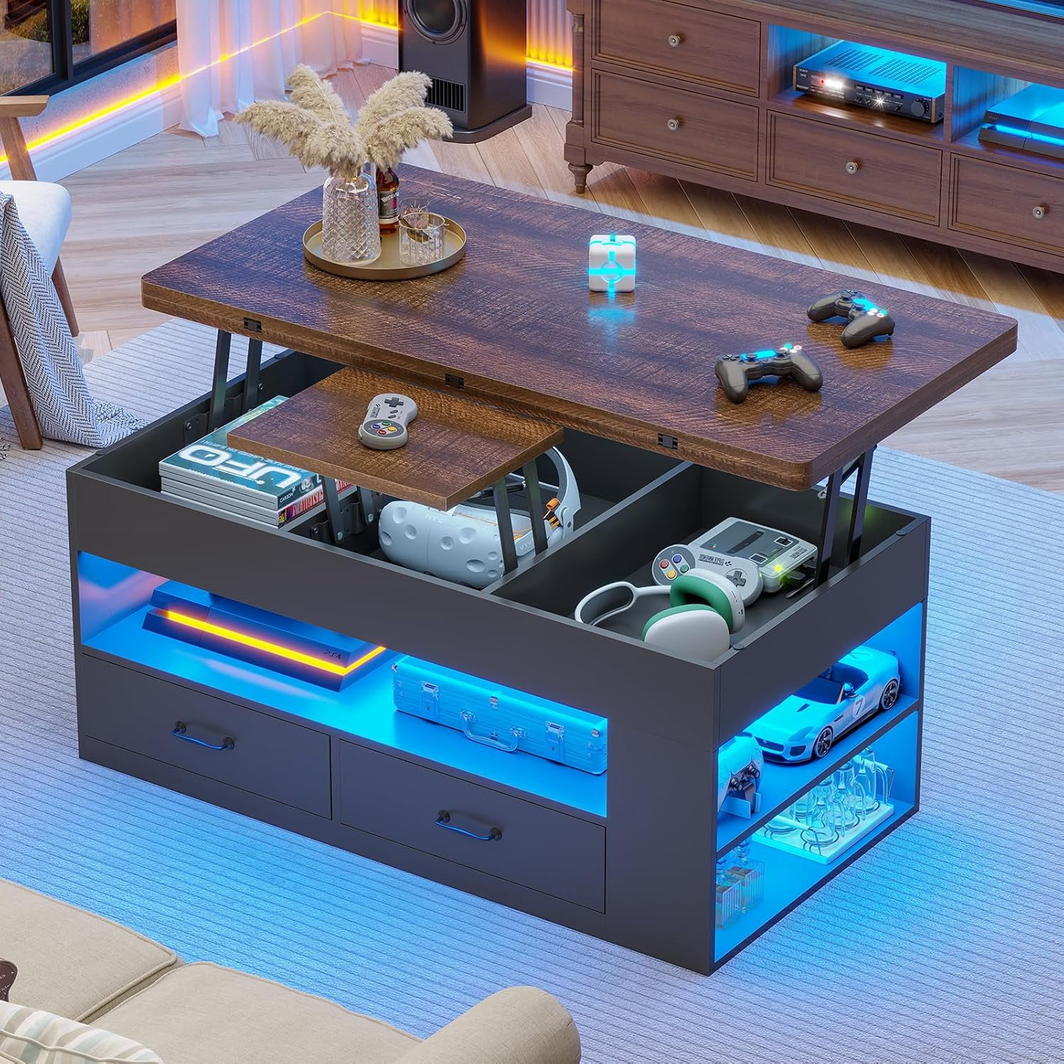 40" Farmhouse Lift Top Coffee Table, 4 in 1 Multifunction Lift Coffee Tables with 2 Drawers, Open Shelves and Hidden Compartment, Center Table with Wooden Tabletop for Living Room, Black & Brown Top