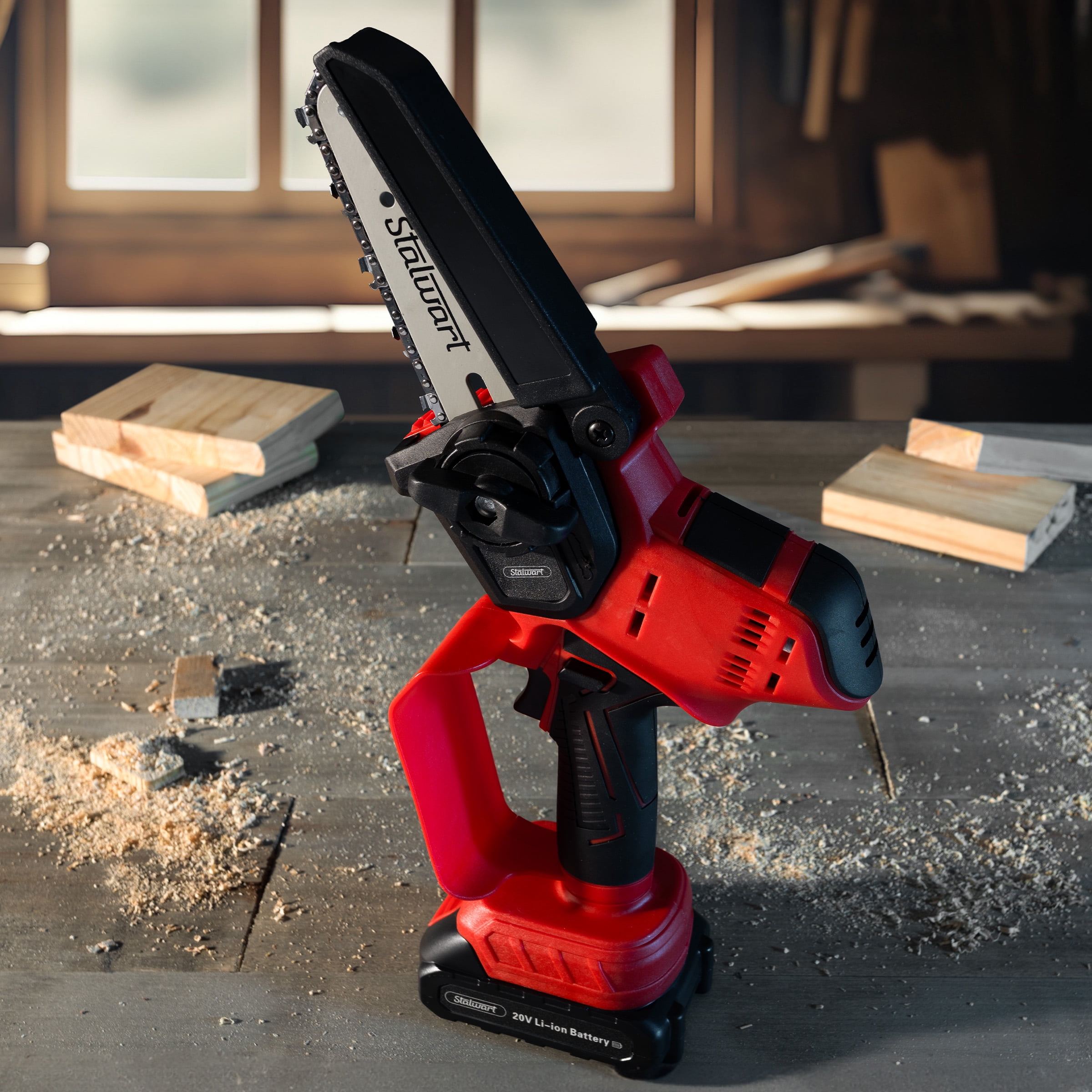 Stalwart 5-Inch Mini Chainsaw with 20V 1500mah Lithium Ion Battery (Red)