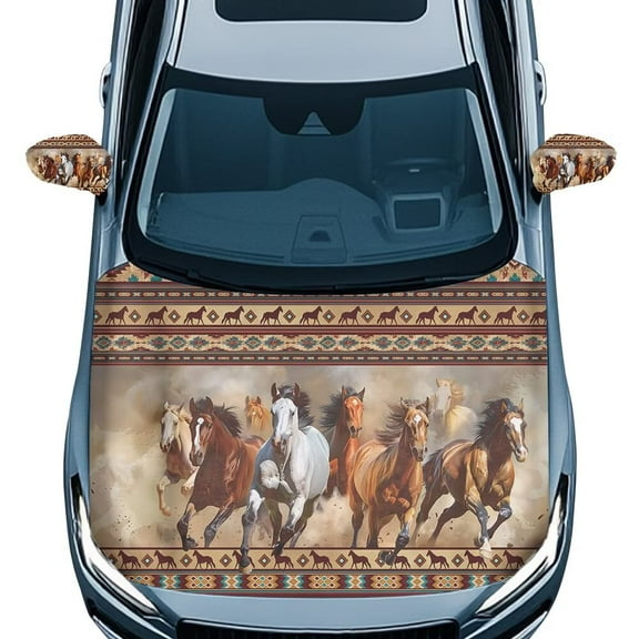 Uorisanigo Tribal Aztec Horse Auto Hood Cover with Car Mirror Cover Accessories 3-Pack Adjustable Cover Suitable Most Automotive Cars Gift for Holiday